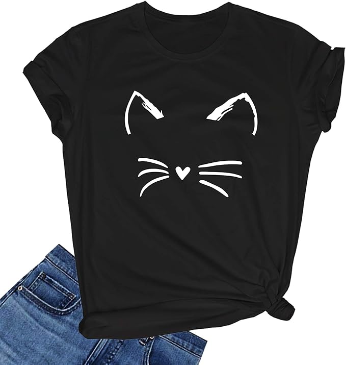 Cat Face Heart Nose T-Shirt — Cute Minimal Graphic Tee for Cat Lovers