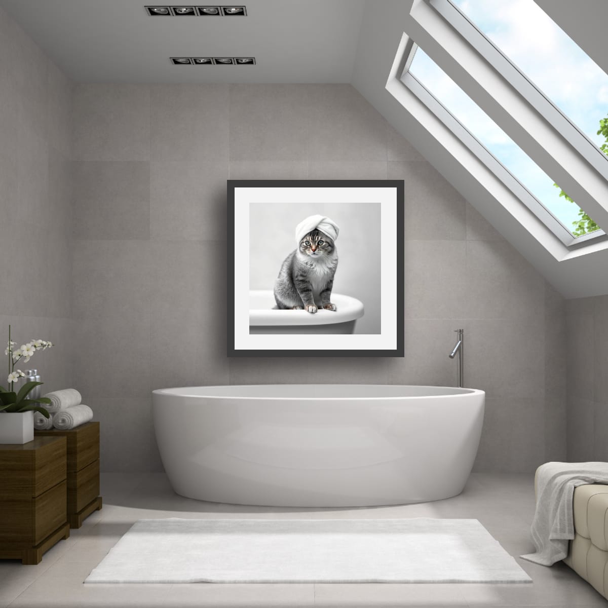 Cat Spa Poster — Cute Grey Cat with Towel on Bathtub Matte Vertical Art Print