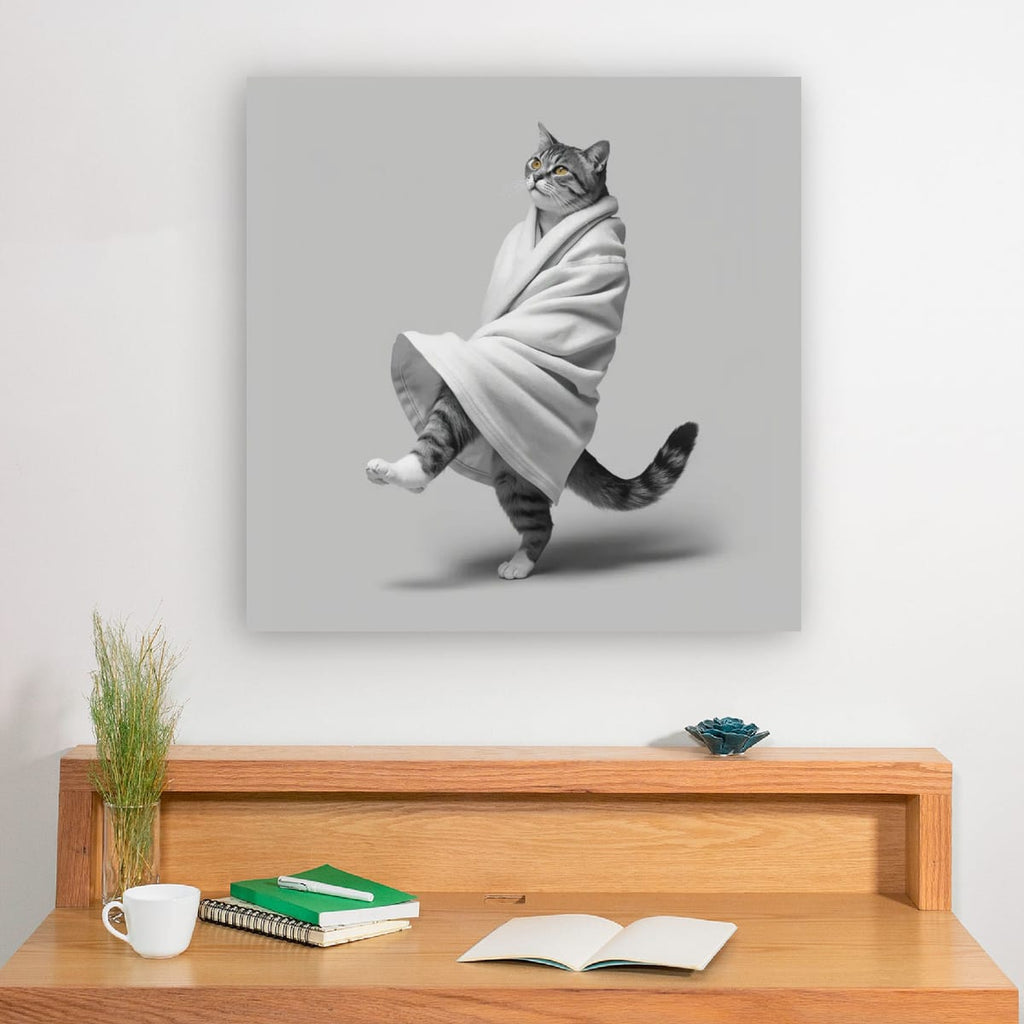 Dancing Cat Poster — Whimsical Cat Wrapped in Blanket Matte Print