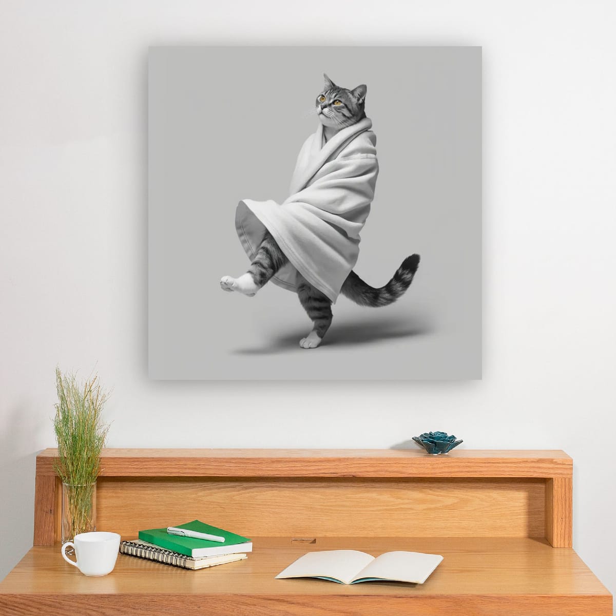 Dancing Cat Poster — Whimsical Cat Wrapped in Blanket Matte Print