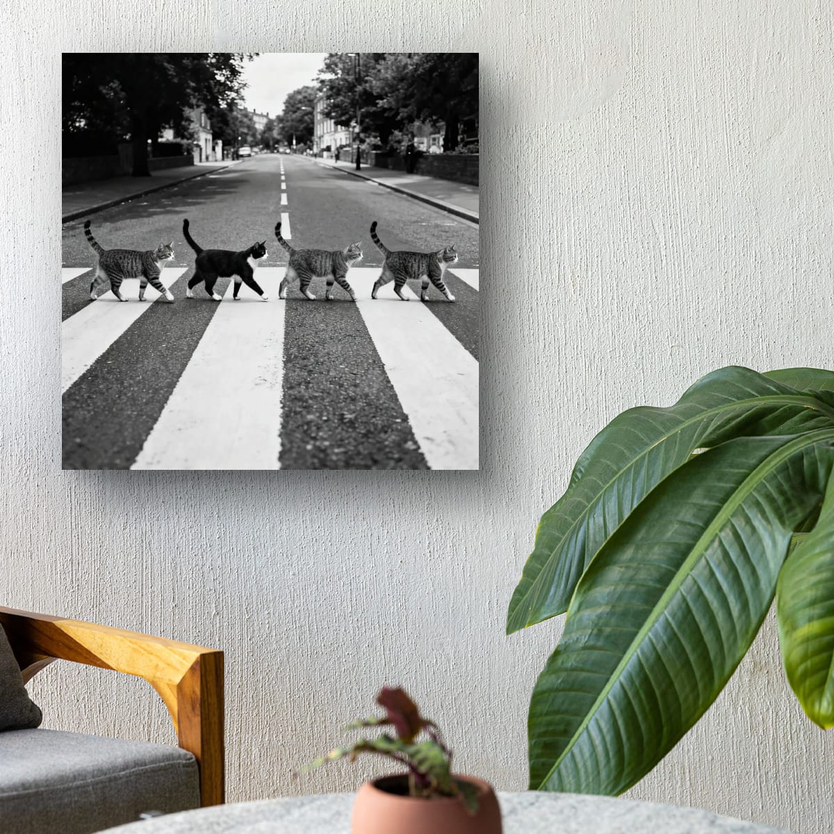 Cat Crossing Abbey Road — Black & White Matte Vertical Poster