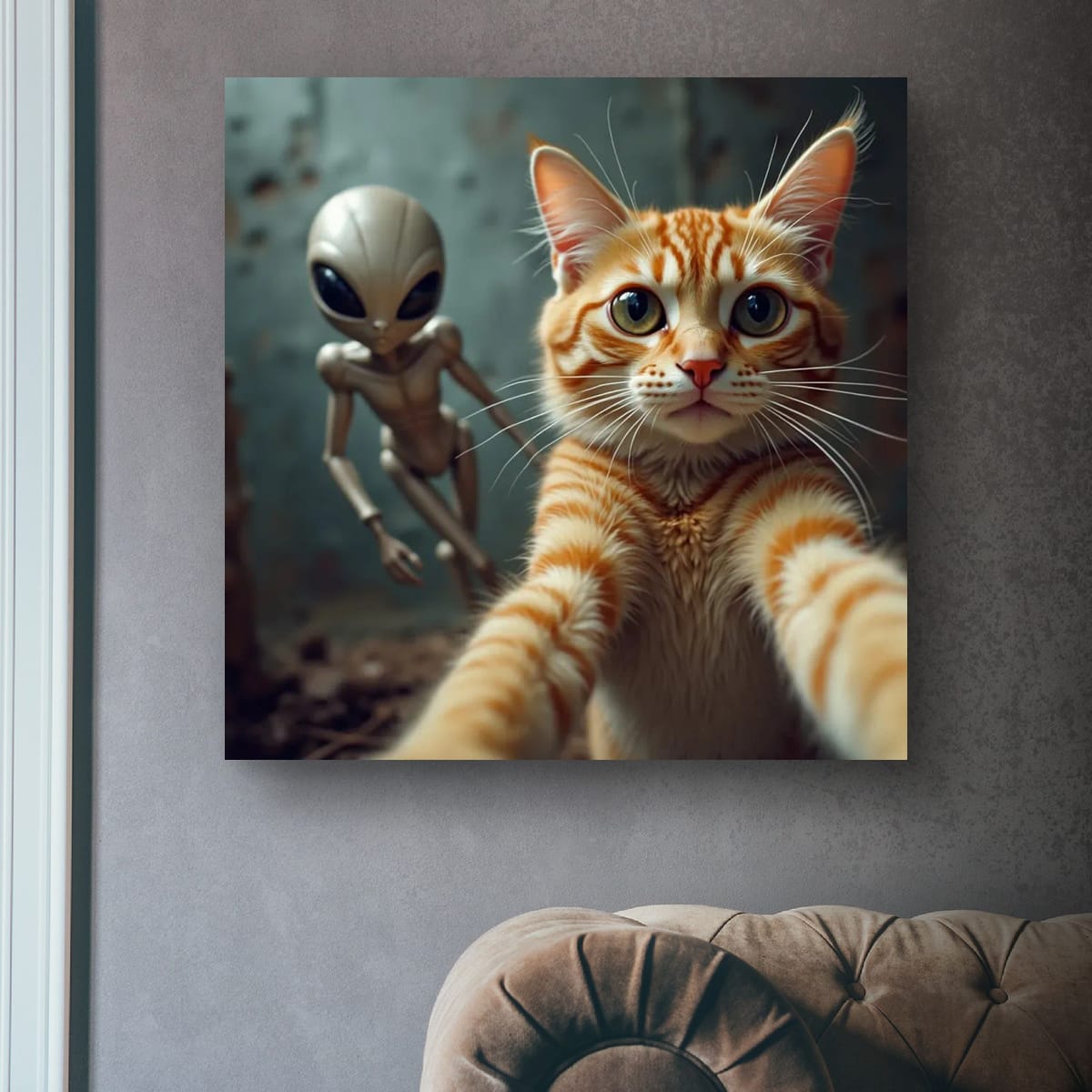 Alien Photobomb Cat Poster — Matte Vertical Wall Art