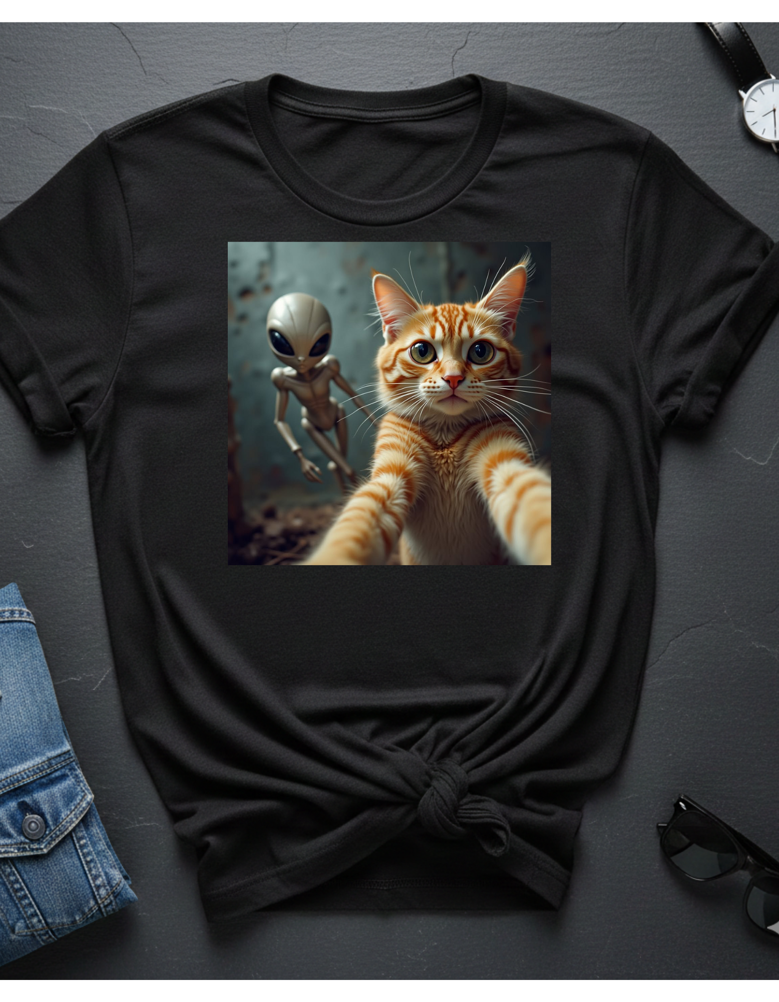 Alien Selfie T‑Shirt — Cute Ginger Cat & UFO Friend Graphic Tee