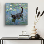 Matte Poster — Black Cat in Water with Waterlilies (Art Print)