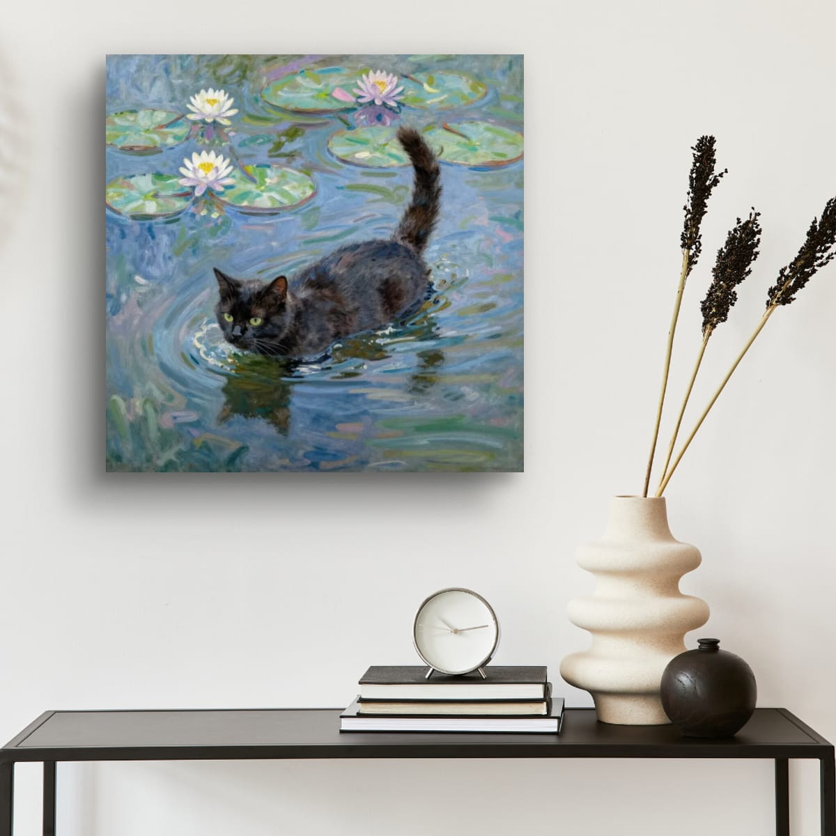 Matte Poster — Black Cat in Water with Waterlilies (Art Print)
