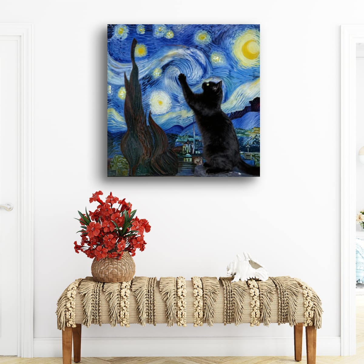 Starry Night Cat Matte Poster — Black Cat Wall Art, Van Gogh Style Night Sky Print