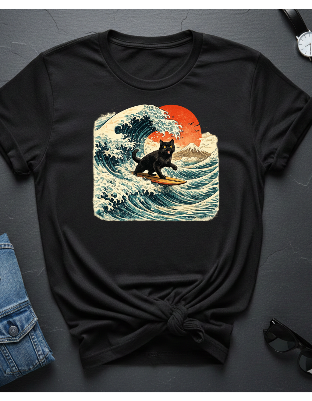 Surfing Cat T-Shirt — Retro Wave Japanese-Style Sunset Graphic Tee