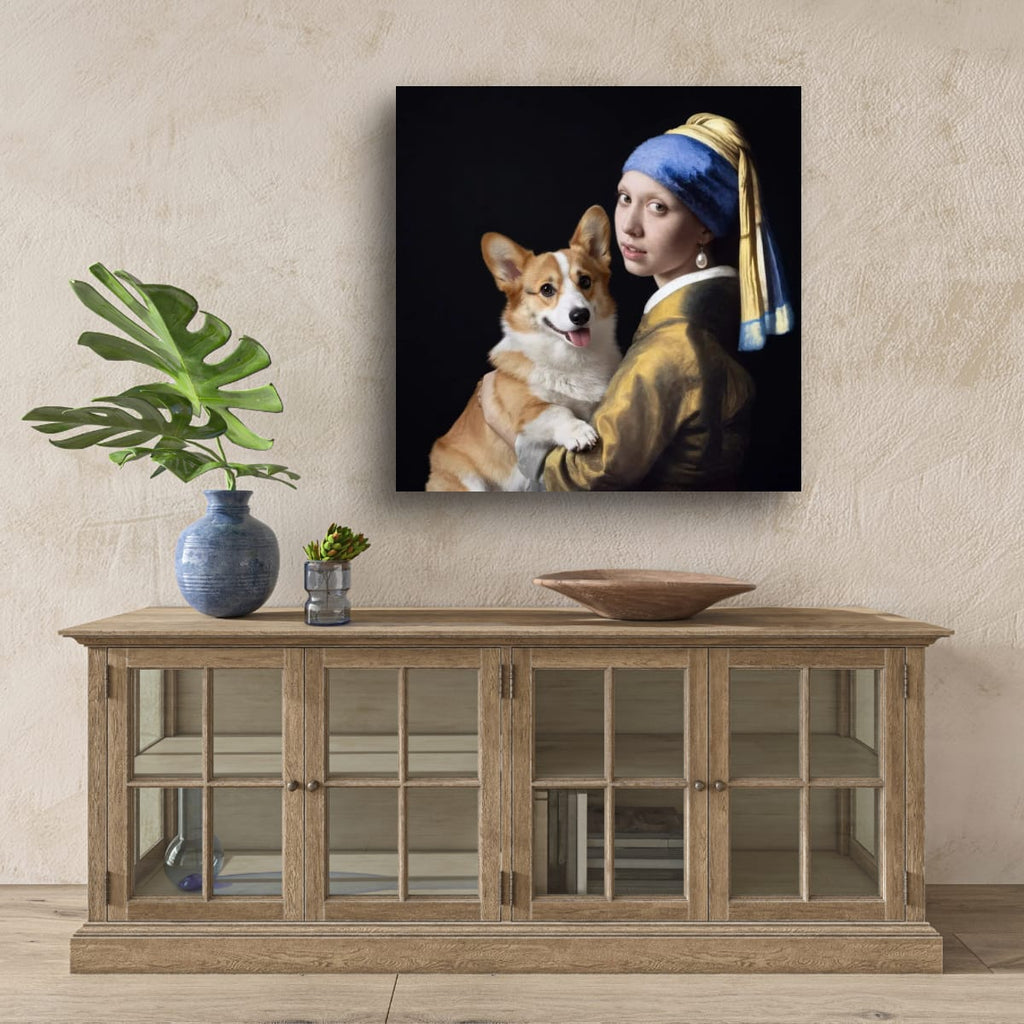 Corgi and the Girl with a Pearl Earring Matte Poster — Classical Pet Portrait Wall Art