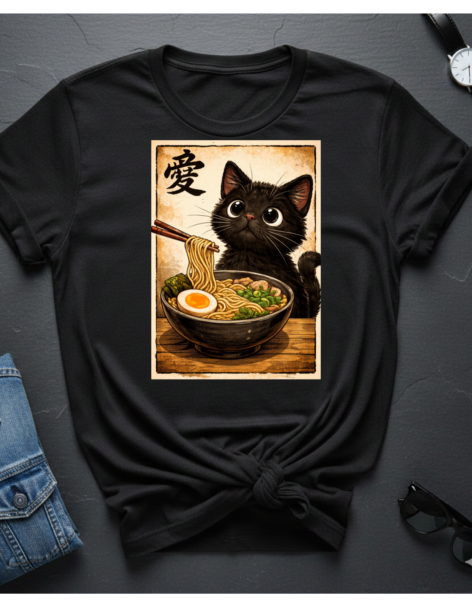 Cat Ramen T-Shirt — Cute Black Cat Eating Ramen Vintage Japanese Love Character