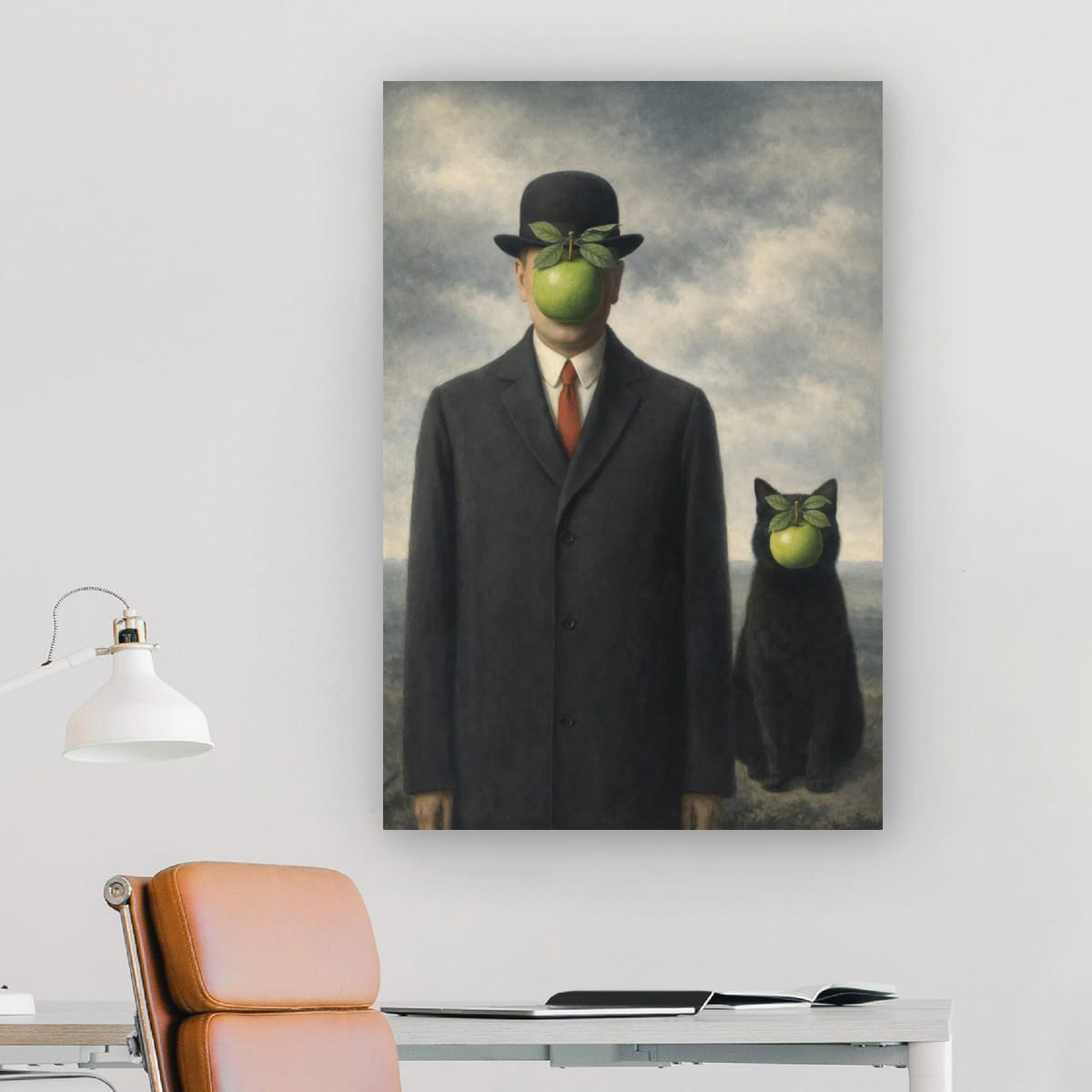 Digital download Surreal Apple-Faced Man & Cat Matte Poster — Vintage René Magritte Style Art Print