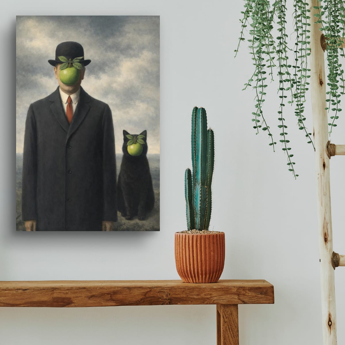 Digital download Surreal Apple-Faced Man & Cat Matte Poster — Vintage René Magritte Style Art Print
