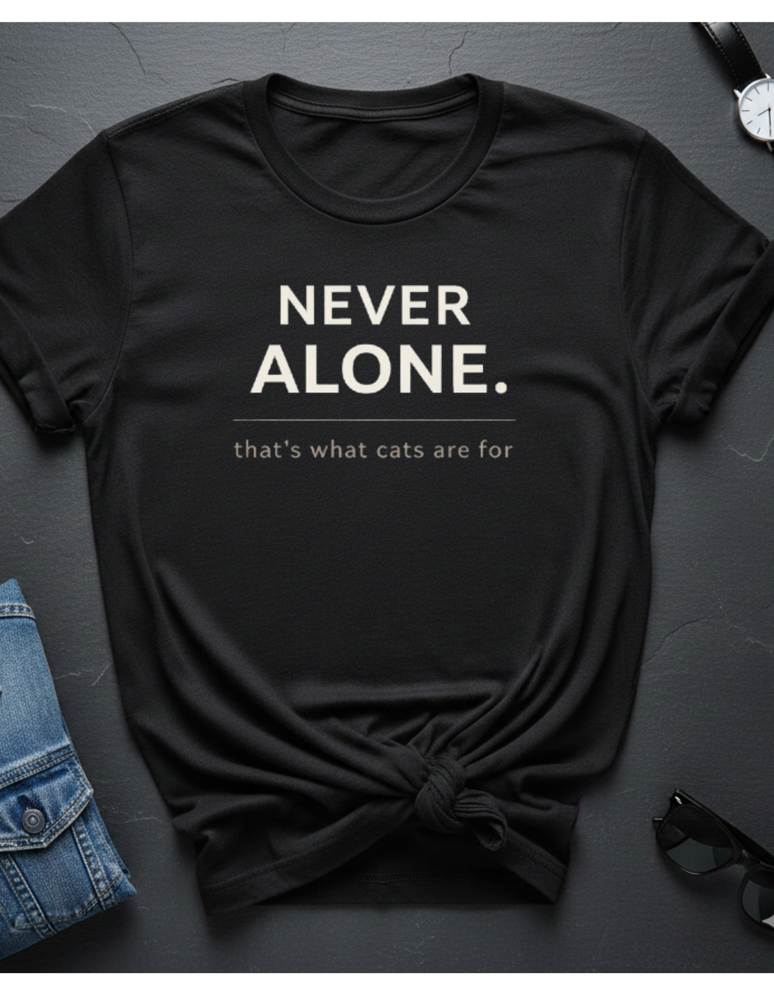 Never Alone Cat T-Shirt — "Never Alone. that's what cats are for."
