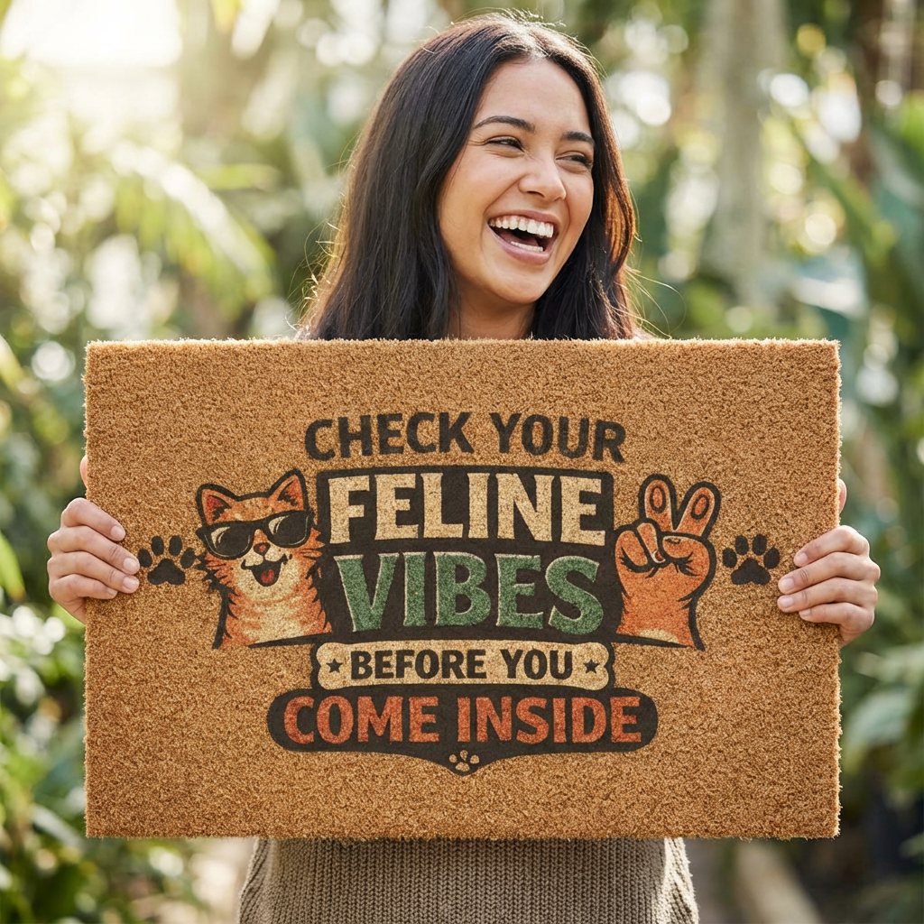 Check Your Feline Vibes Doormat — Funny Cat Welcome Mat