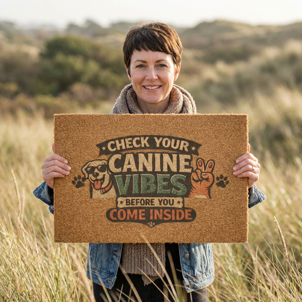 Doormat – "Check Your Canine Vibes Before You Come Inside" Funny Dog Welcome Mat