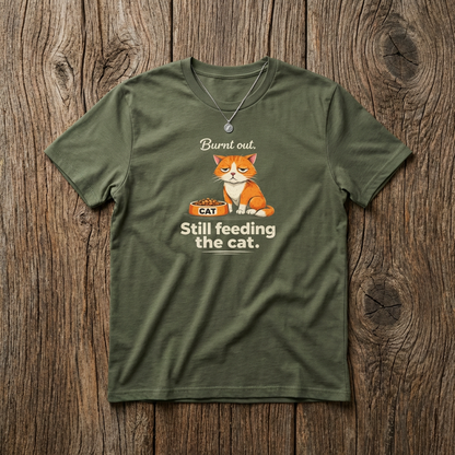 Cat T-Shirt — "Burnt Out Still Feeding the Cat" Funny Pet Mom/Dad Tee