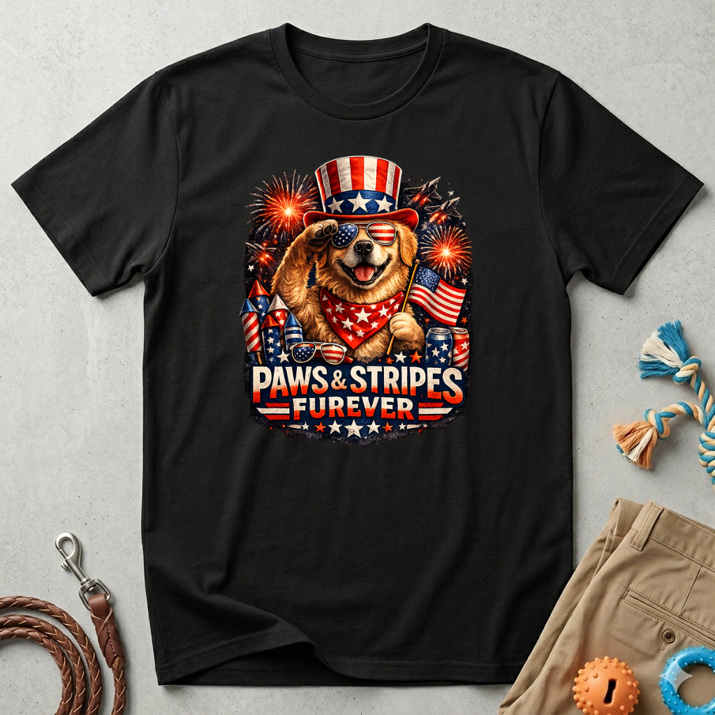 Patriotic Dog T-Shirt — "Paws & Stripes Forever" 4th of July Tee