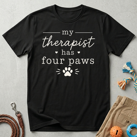 Pet Lover T-Shirt — "My Therapist Has Four Paws" Cute Dog & Cat Therapy Tee