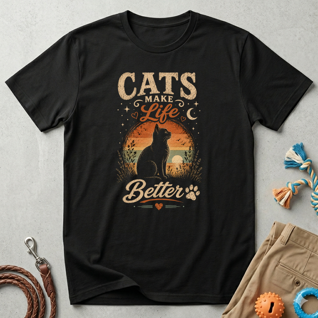 Cats Make Life Better T-Shirt — Vintage Sunset Cat Lover Tee