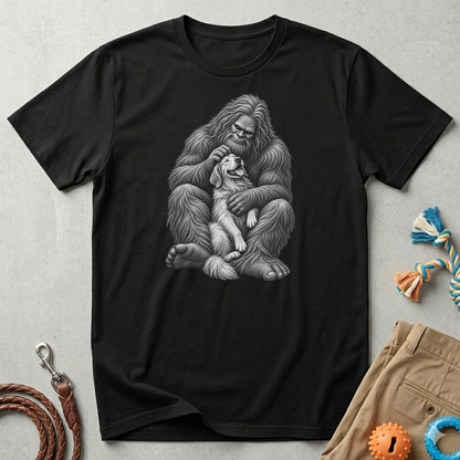 Bigfoot & Puppy Tee — Gentle Sasquatch Holding Dog Graphic T-Shirt