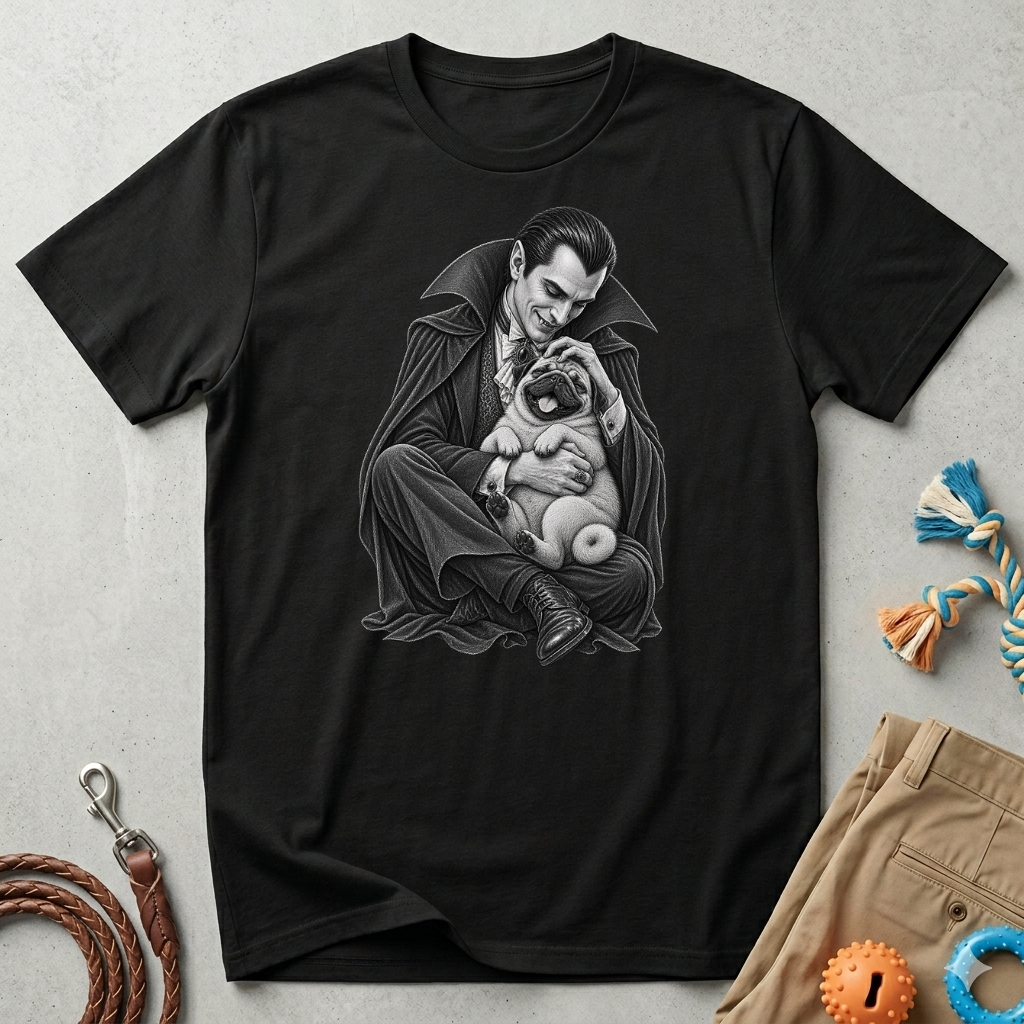 Vampire Holding Pug T‑Shirt — Gothic Cute Dog Tee