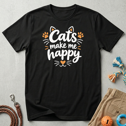 Cats make me happy T‑Shirt – Cute Paw Print & Heart Graphic Tee
