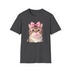 Cute Cat T-Shirt — Kitty with Glasses, Pink Bow & Bubblegum