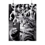 Funny Cat Selfie Poster — Matte Vertical Wall Art with Alien Photobomb