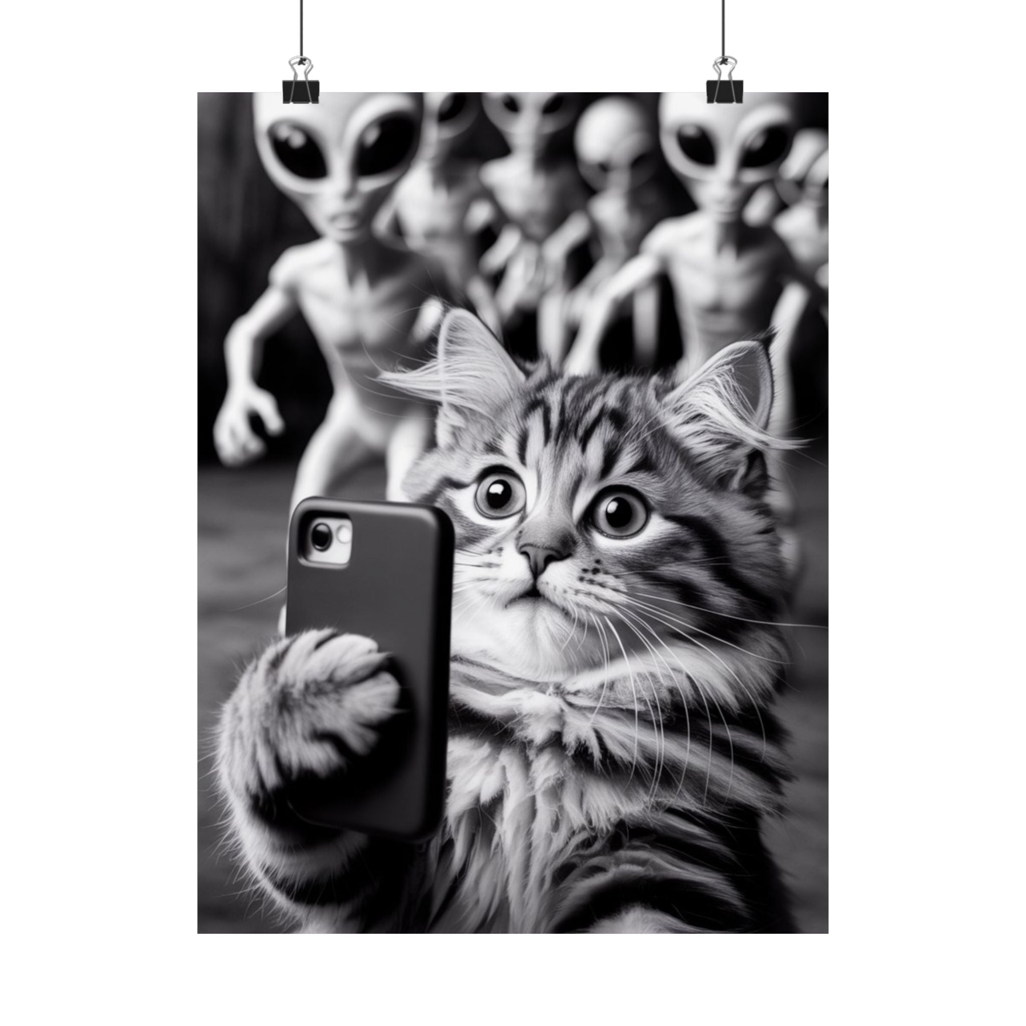 Funny Cat Selfie Poster — Matte Vertical Wall Art with Alien Photobomb