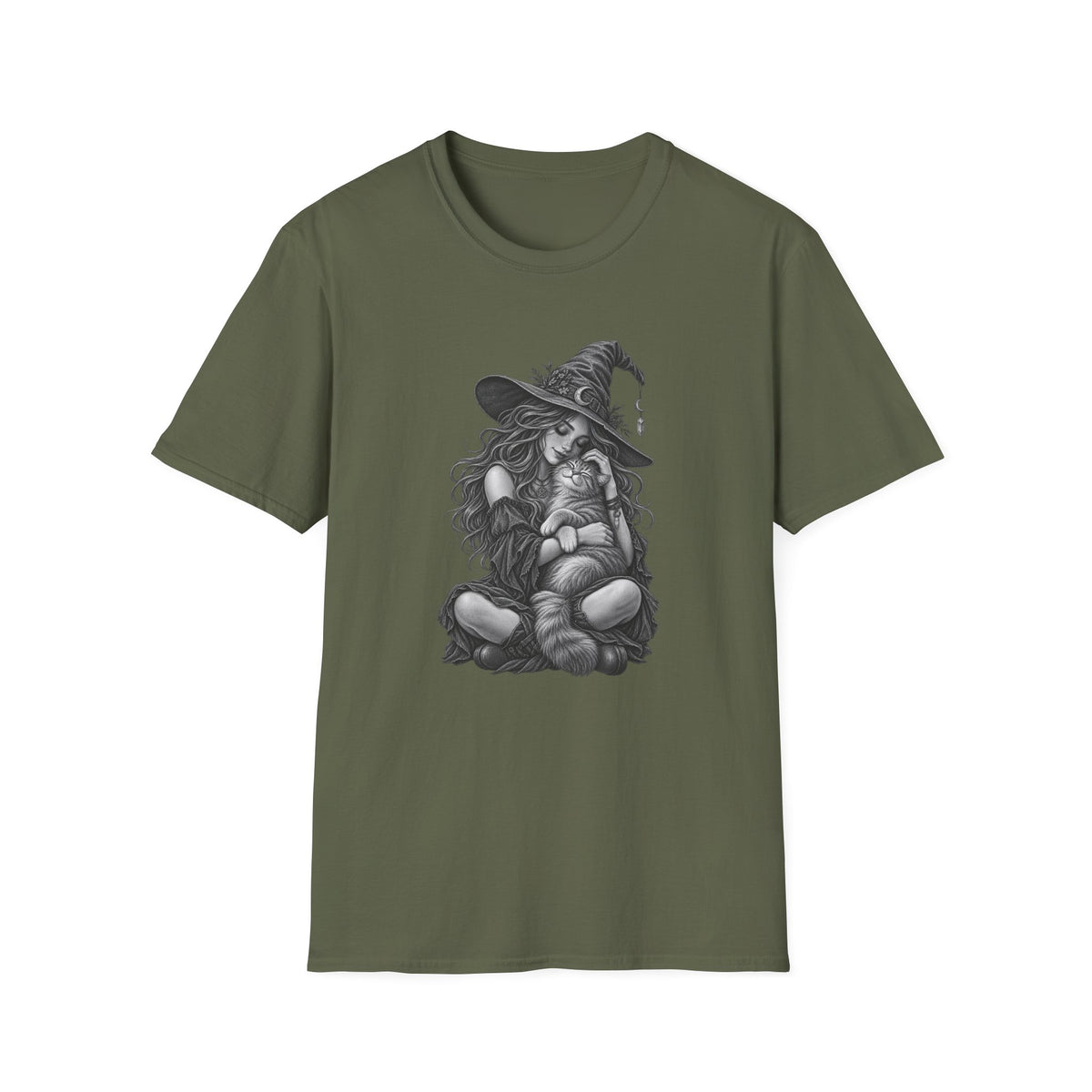 Witch and Cat Graphic T-Shirt — Cozy Gothic Halloween Tee