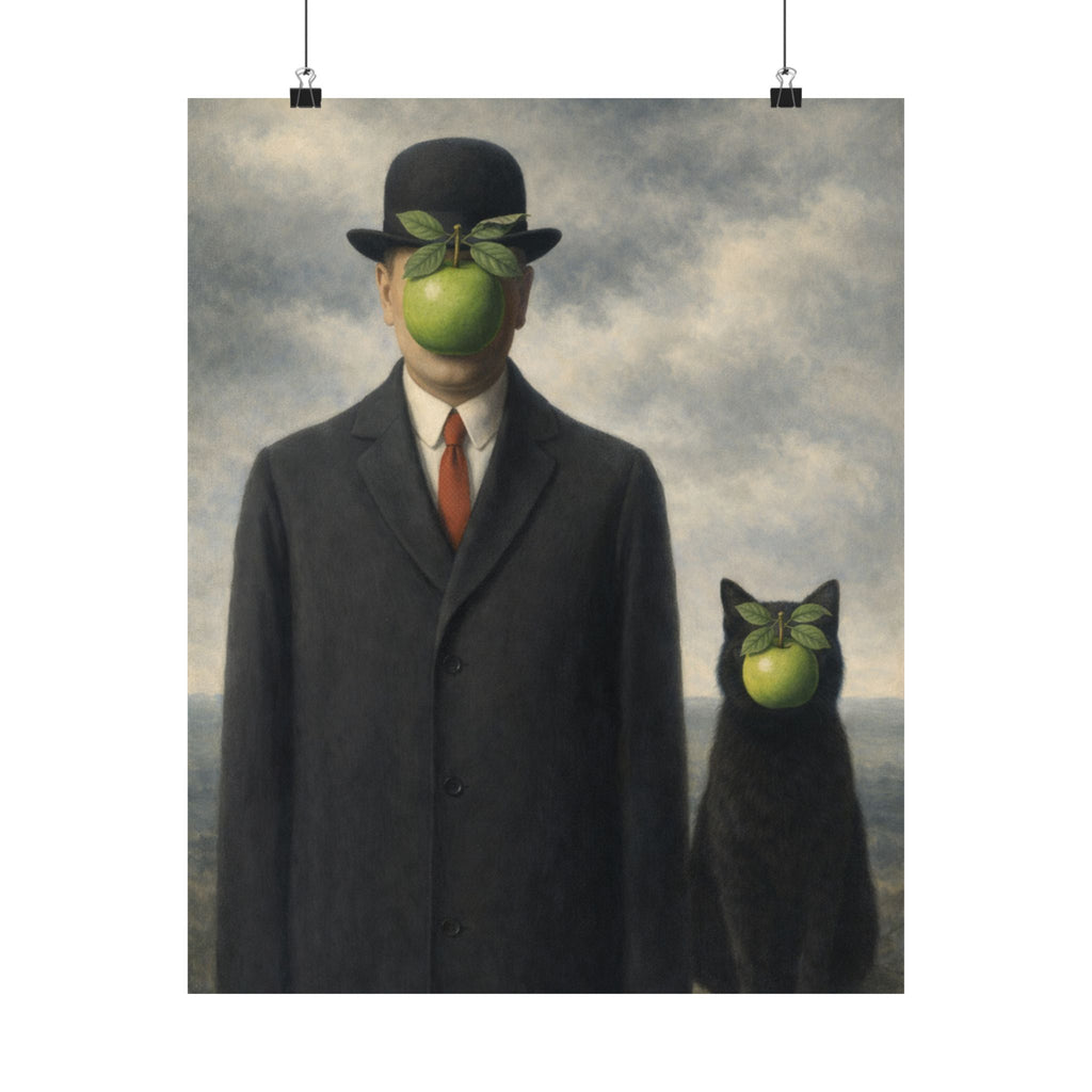 Surreal Apple-Faced Man & Cat Matte Poster — Vintage René Magritte Style Art Print