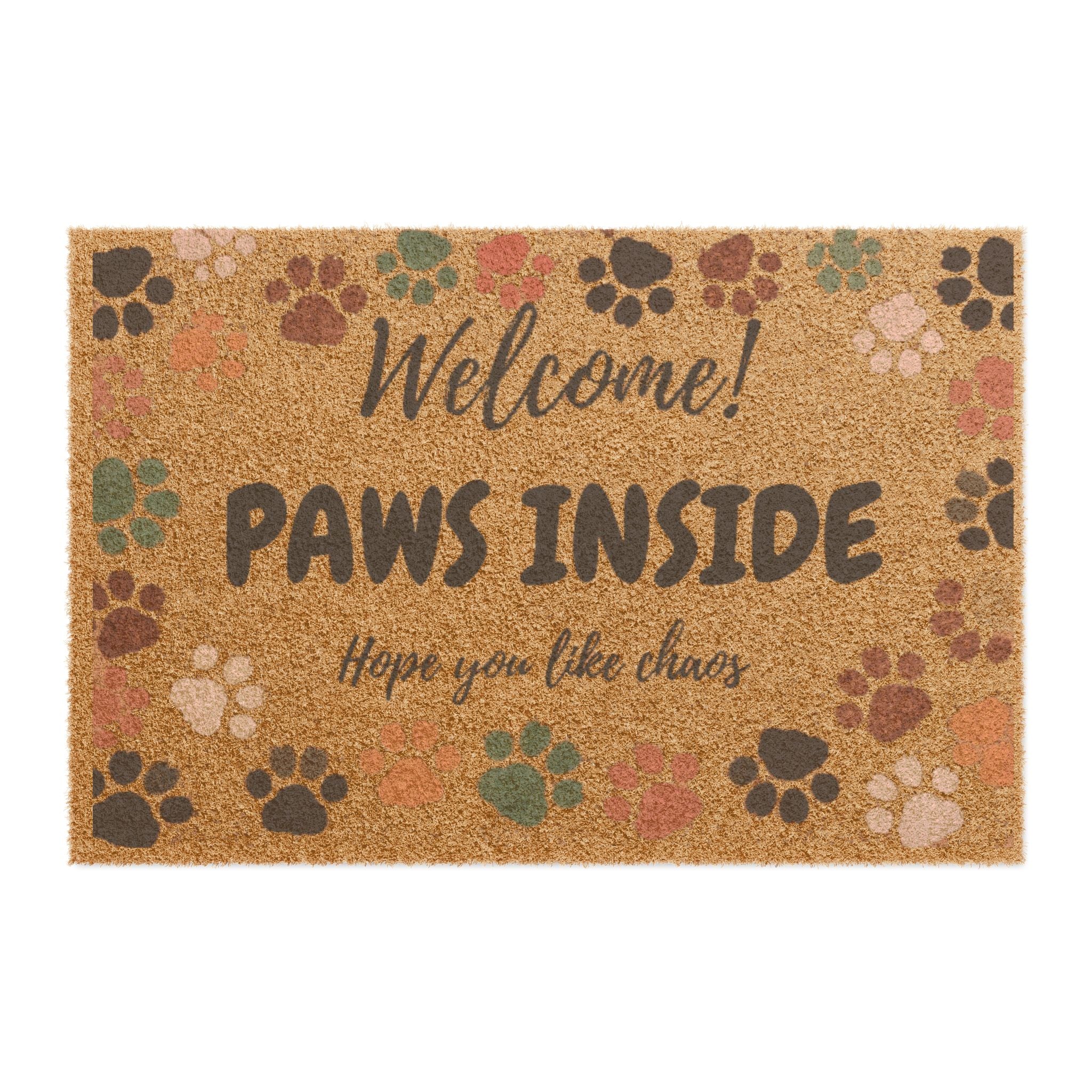 Doormat — "Welcome! Paws Inside" Pet Paw Print Coir Door Mat