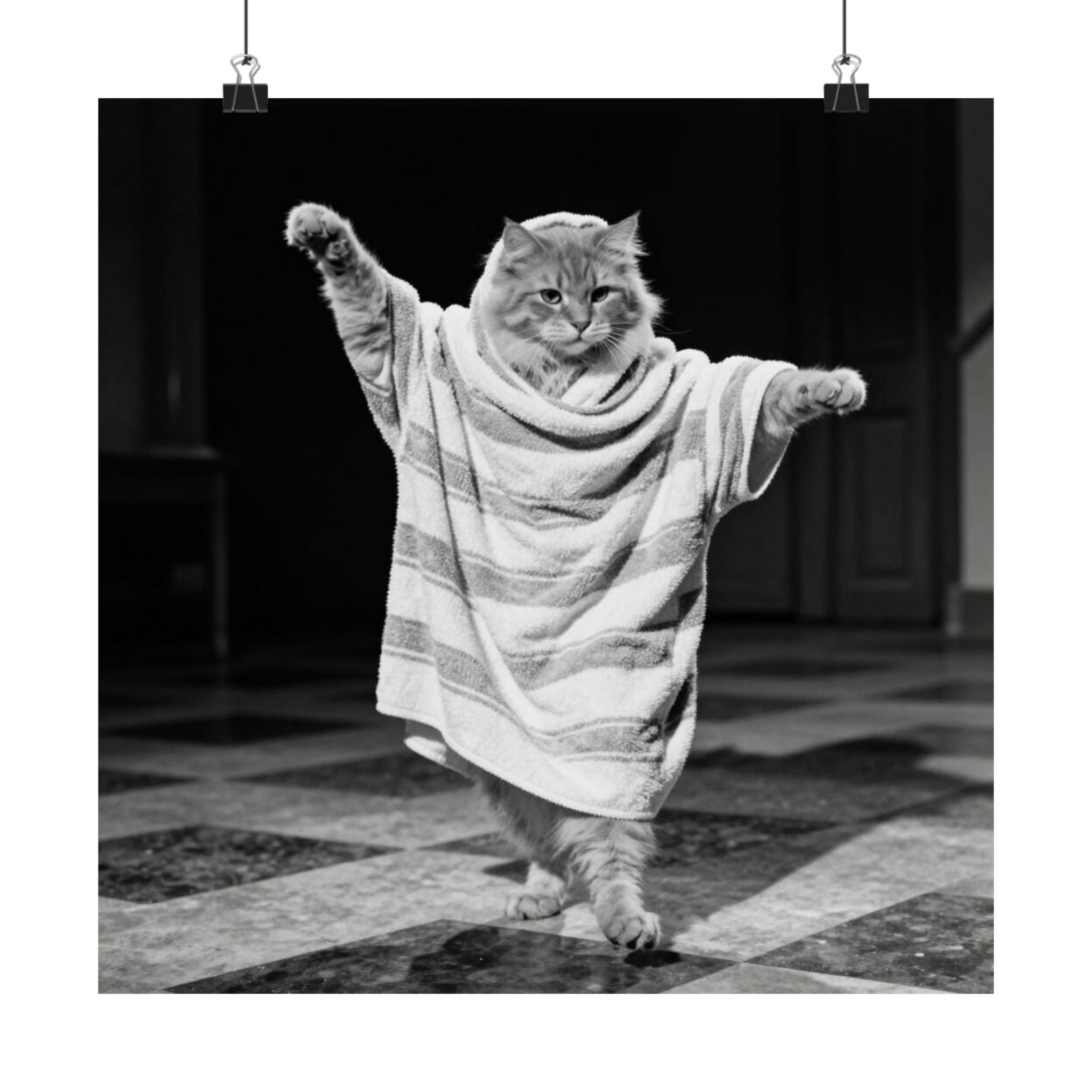 Dancing Cat Matte Vertical Poster — Vintage Black & White Cat in Towel