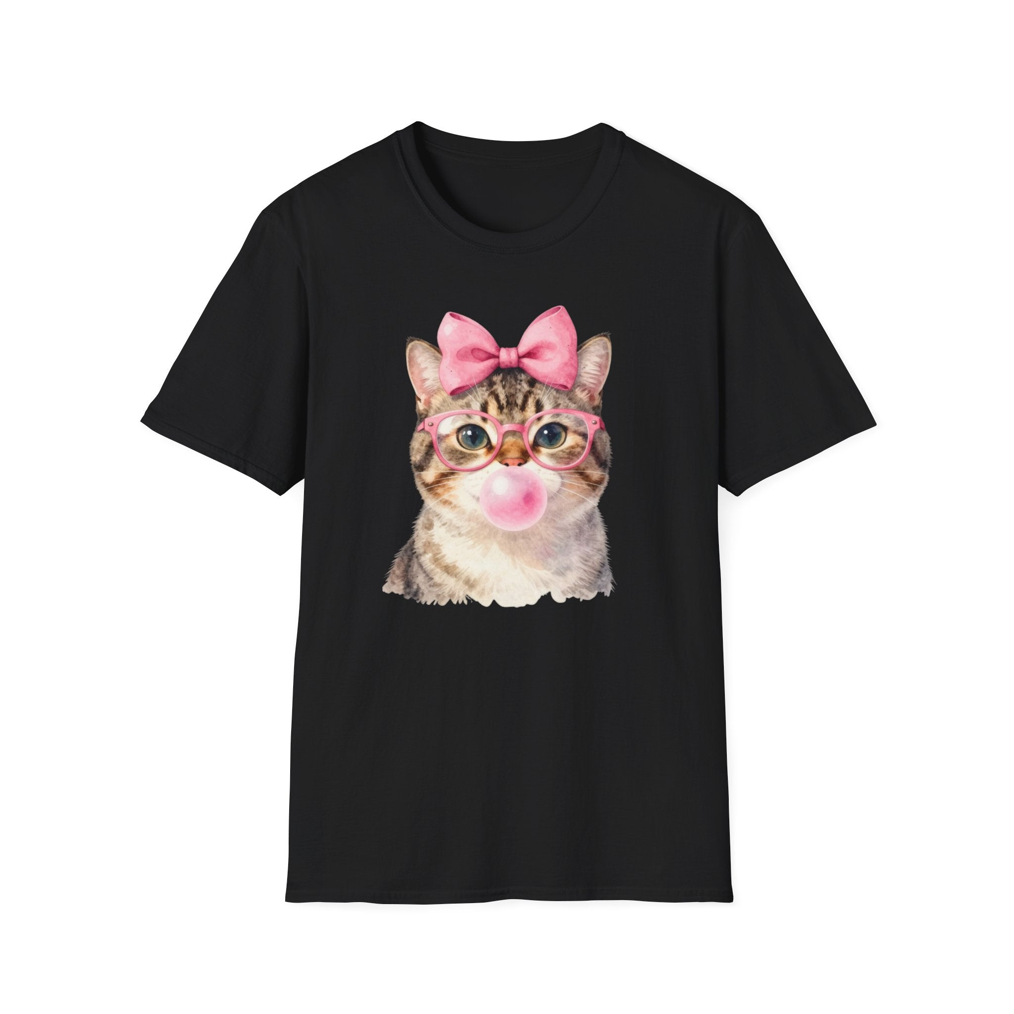 Cute Cat T-Shirt — Kitty with Glasses, Pink Bow & Bubblegum