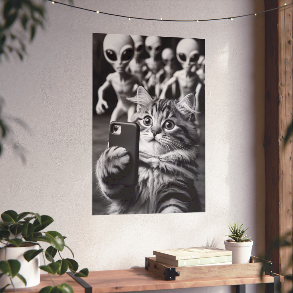 Funny Cat Selfie Poster — Matte Vertical Wall Art with Alien Photobomb