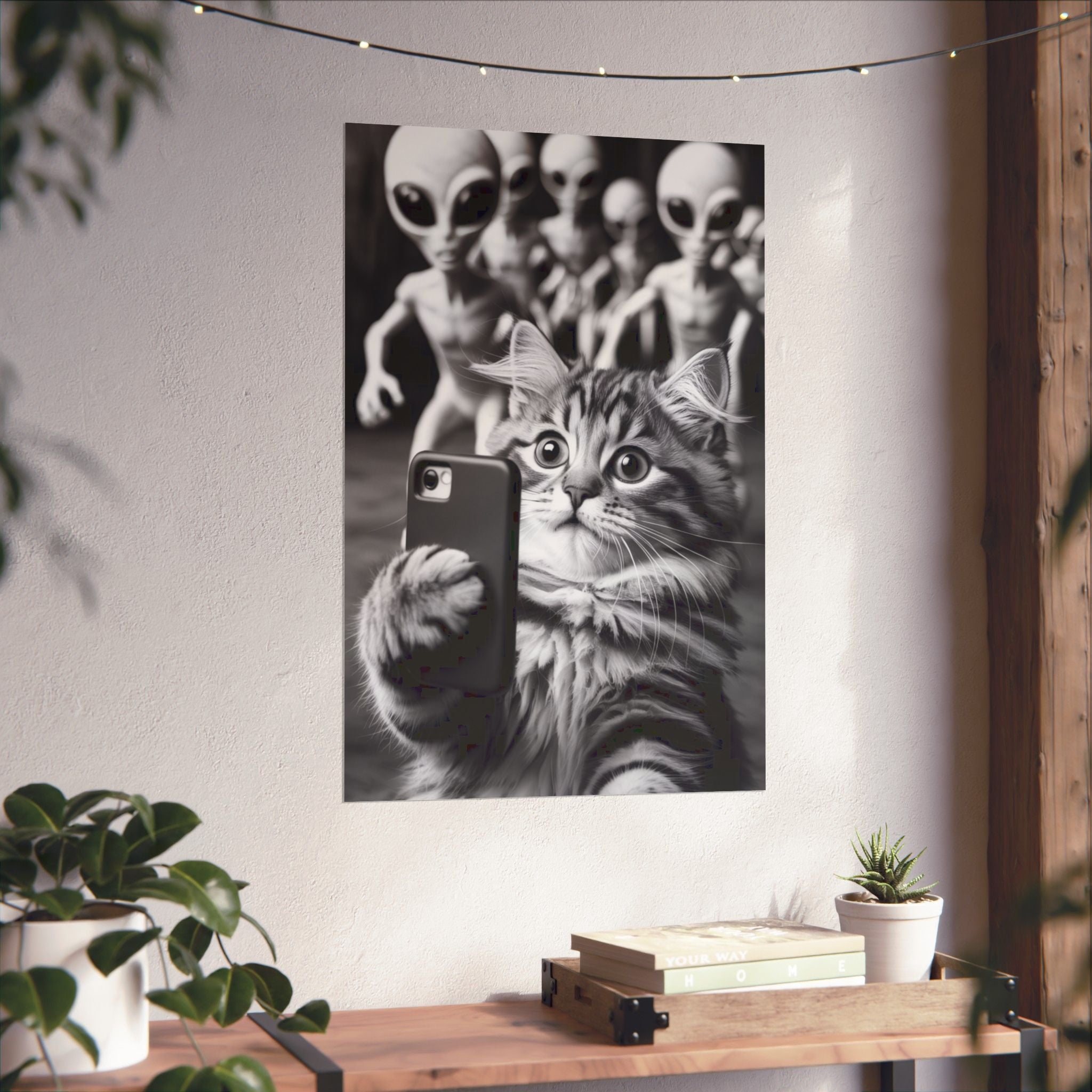 Funny Cat Selfie Poster — Matte Vertical Wall Art with Alien Photobomb
