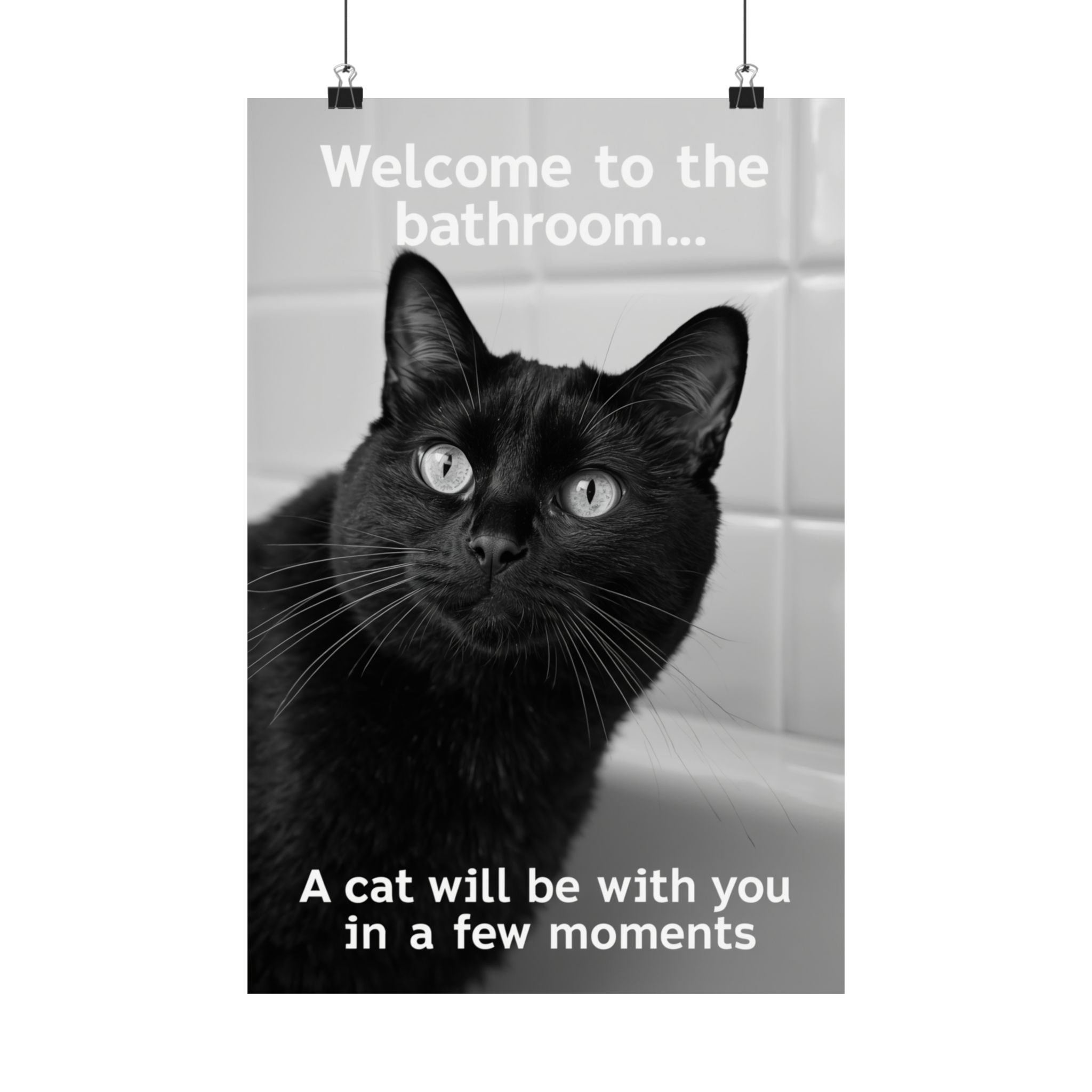 Funny Black Cat Bathroom Poster — "Welcome to the bathroom... A cat will be with you in a few moments" Matte Vertical Print