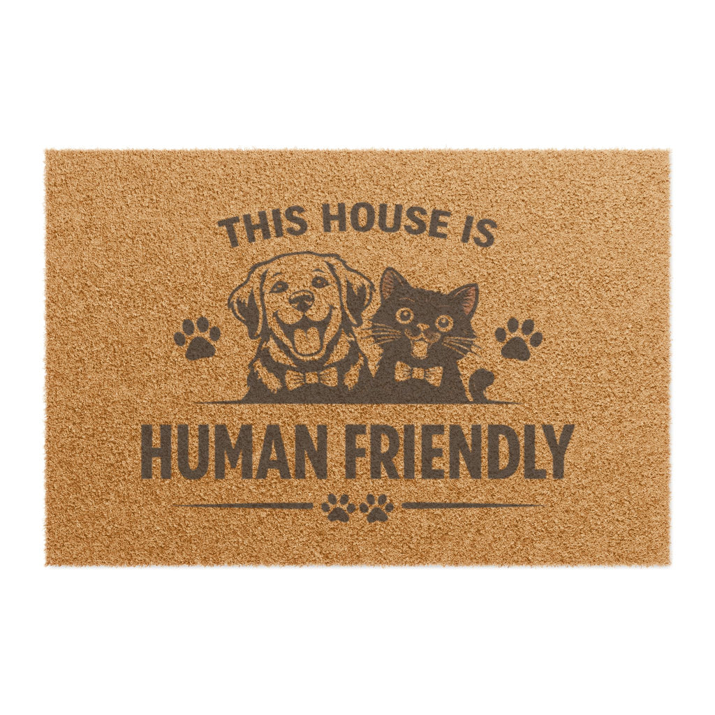 This House Is Human Friendly Doormat – Pet Lover Welcome Mat with Dog & Cat Design