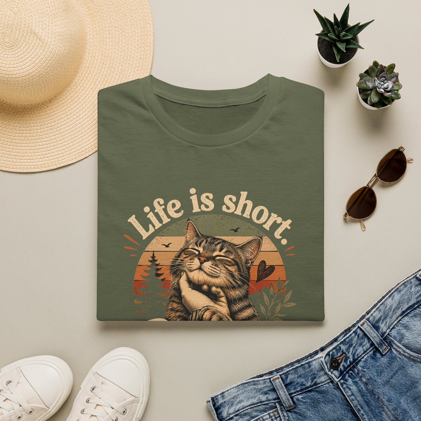 T-Shirt — "Life Is Short, Pet More Cats" Vintage Cat Tee
