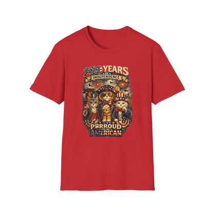 T-Shirt — "250 Years of Independence" Patriotic Cat Fourth of July Tee