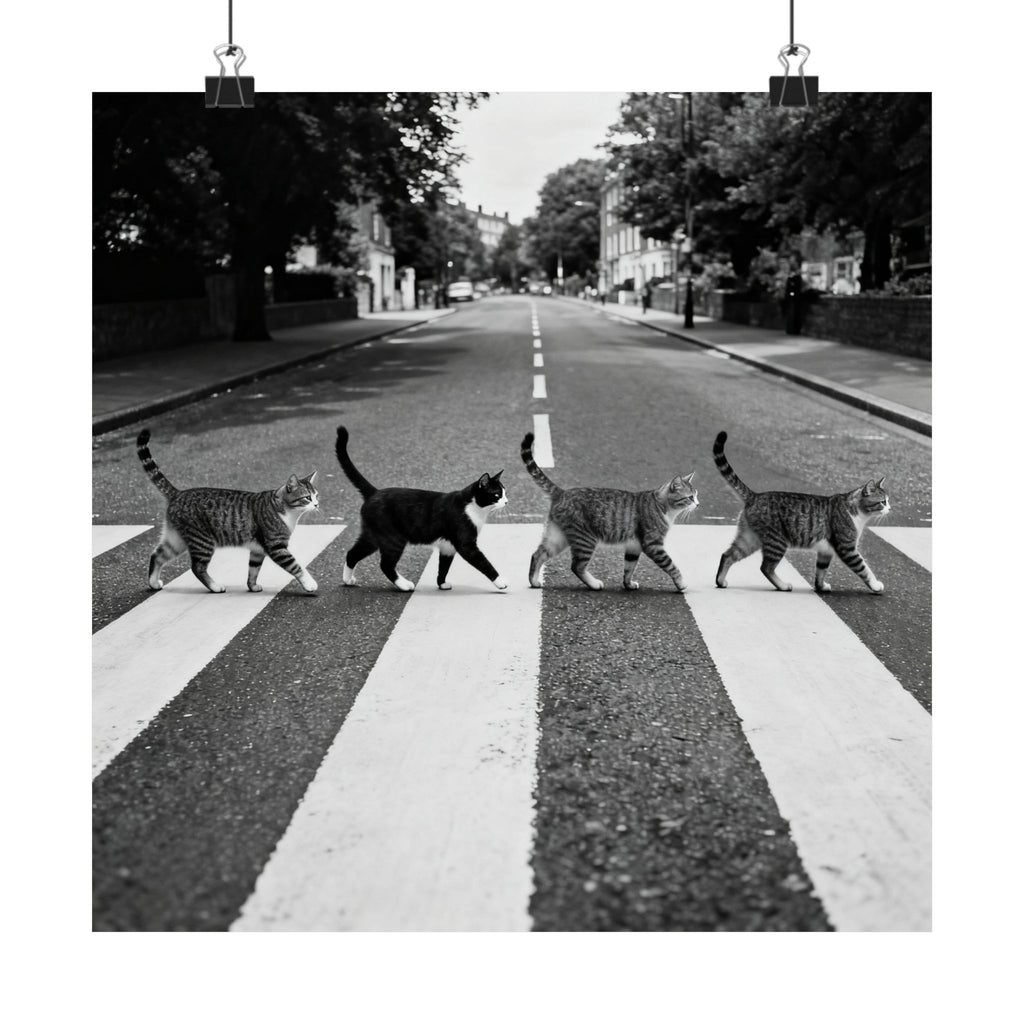 Cat Crossing Abbey Road — Black & White Matte Vertical Poster
