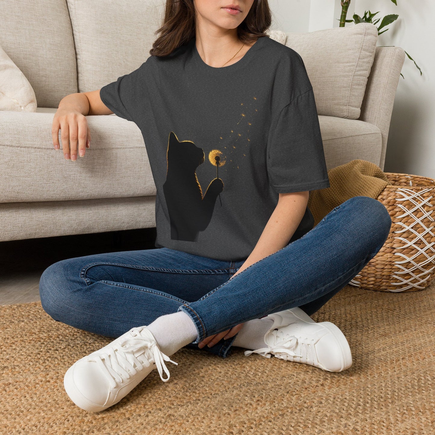 Cat Silhouette Dandelion Tee — Whimsical Night Cat T-Shirt