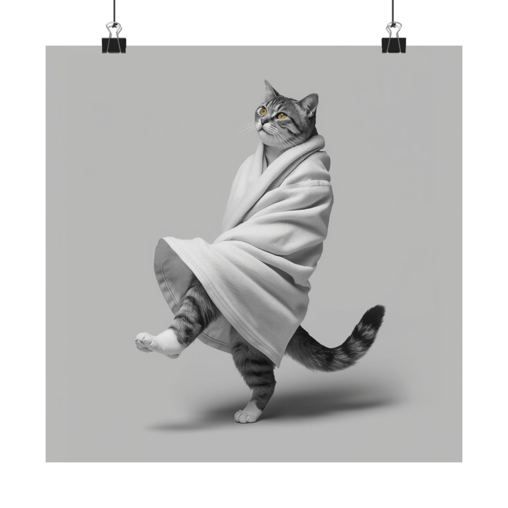 Dancing Cat Poster — Whimsical Cat Wrapped in Blanket Matte Print