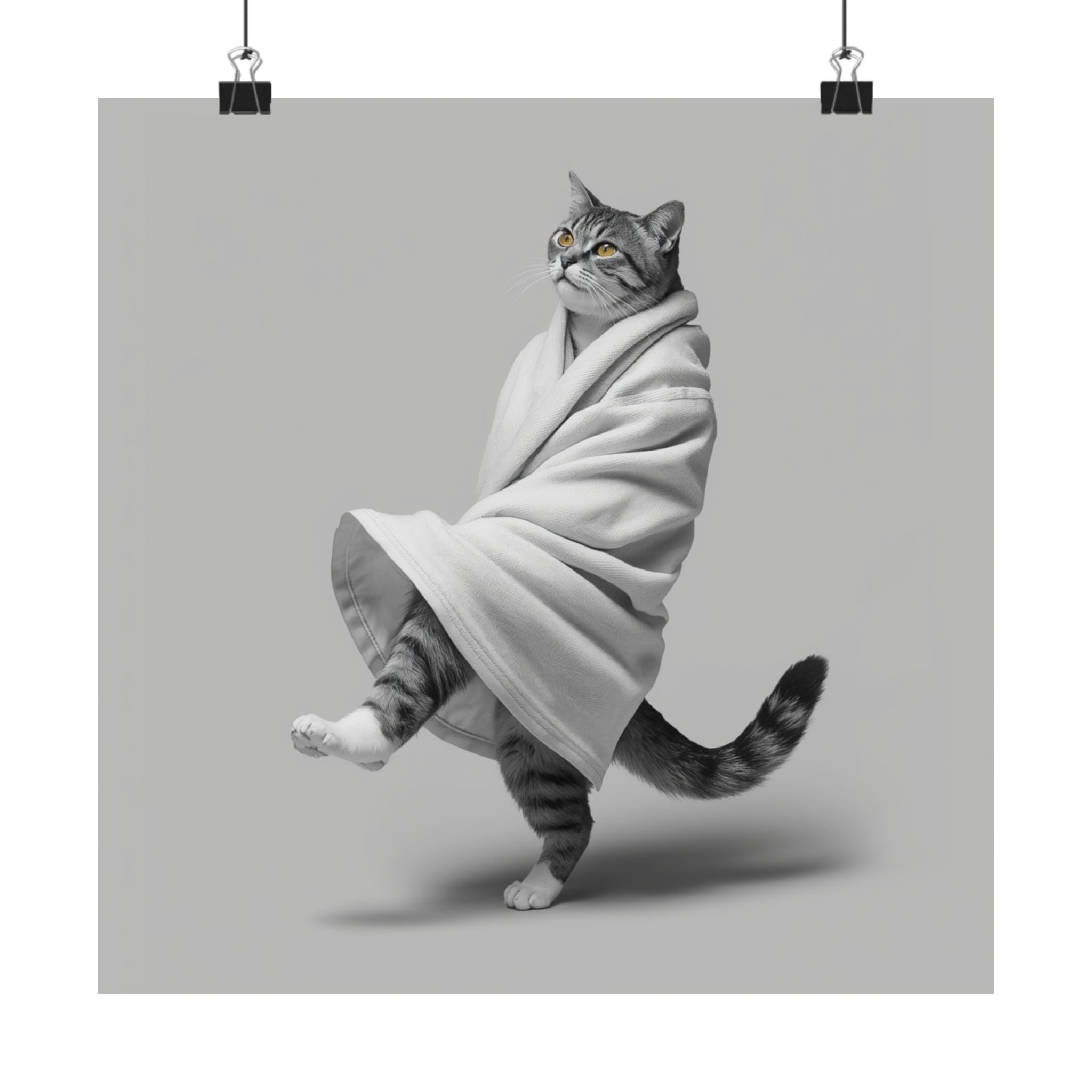 Dancing Cat Poster — Whimsical Cat Wrapped in Blanket Matte Print