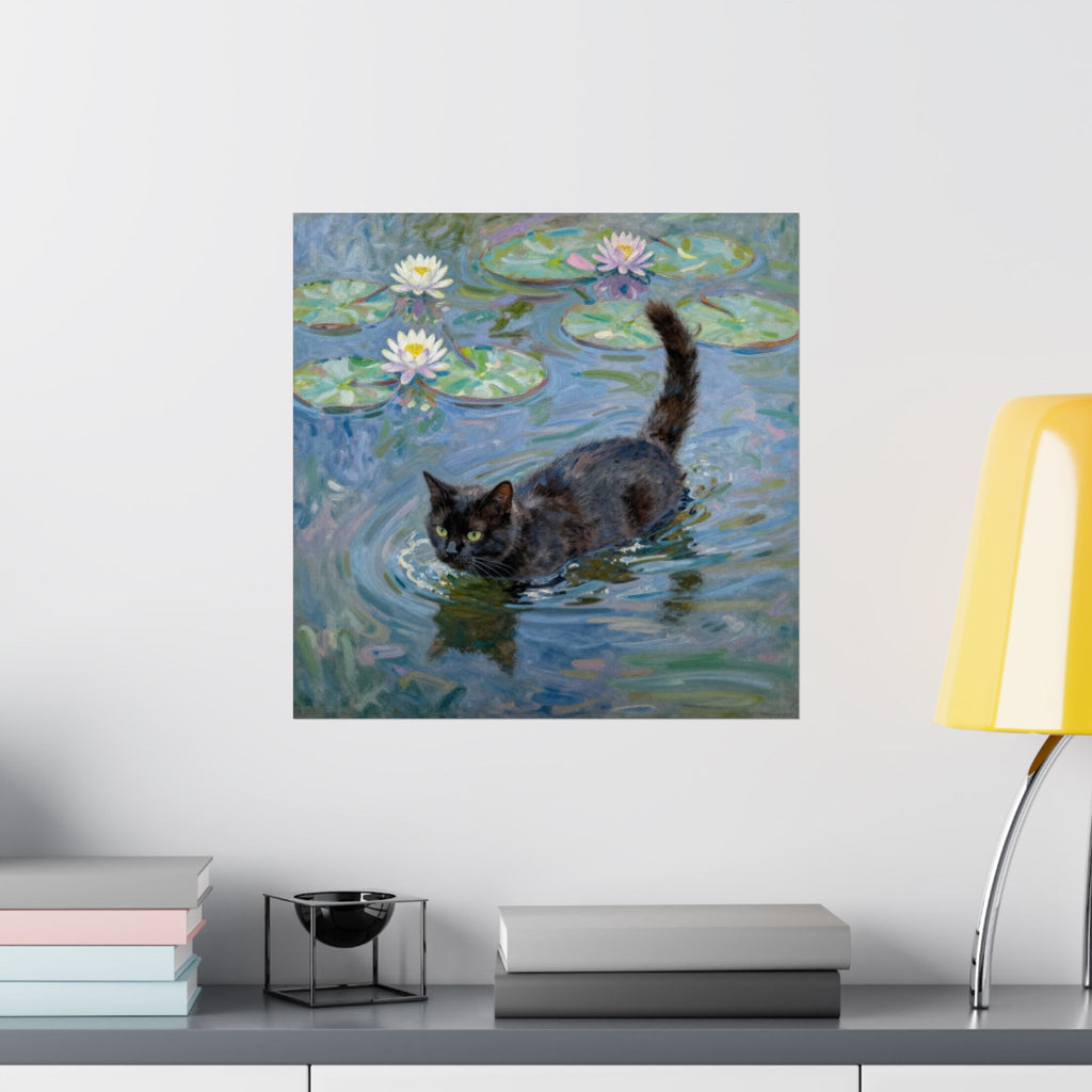Matte Poster — Black Cat in Water with Waterlilies (Art Print)