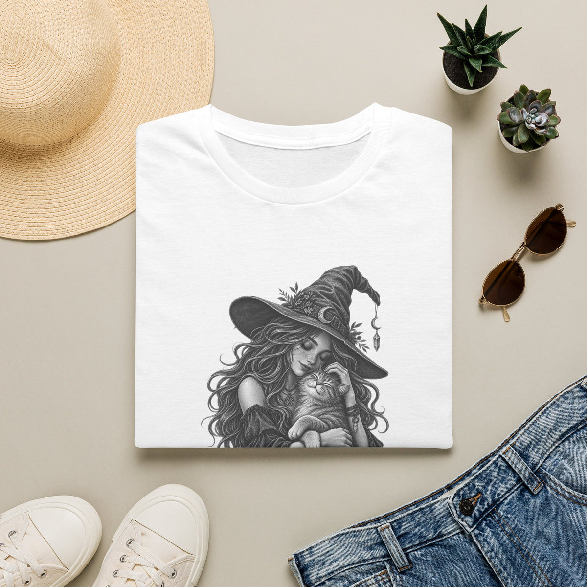Witch and Cat Graphic T-Shirt — Cozy Gothic Halloween Tee