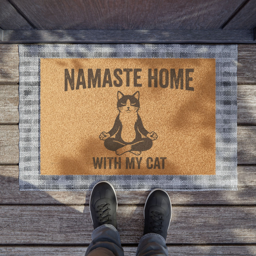 Namaste Home Doormat — "Namaste Home With My Cat" Cat Yoga Welcome Mat