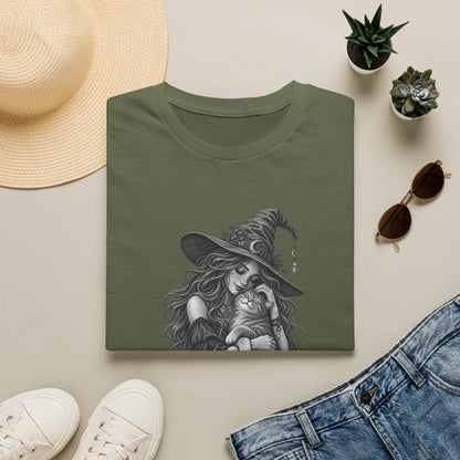 Witch and Cat Graphic T-Shirt — Cozy Gothic Halloween Tee
