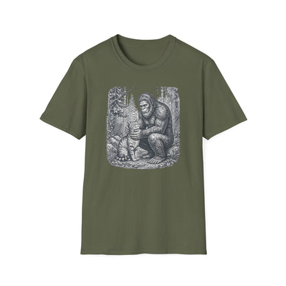 Bigfoot & Cat T-Shirt — Vintage Sasquatch Forest Illustration