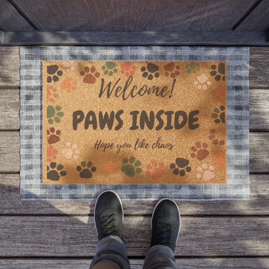 Doormat — "Welcome! Paws Inside" Pet Paw Print Coir Door Mat