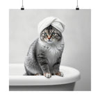 Cat Spa Poster — Cute Grey Cat with Towel on Bathtub Matte Vertical Art Print